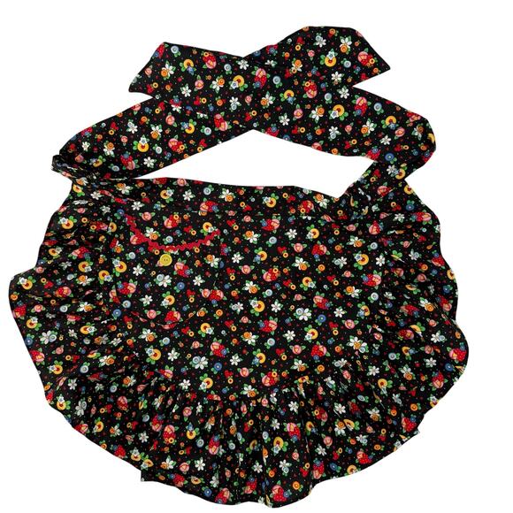 Vintage Mary Engelbreit 90s Apron Black Floral Fruit Ruffle Pocket Cotton - Picture 2 of 4
